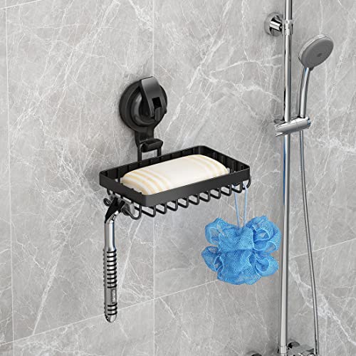 Soap Holder Shower, Suction Cup Soap Dish for Shower with 4 Hooks, 304 Stainless Steel, Black - color: Black