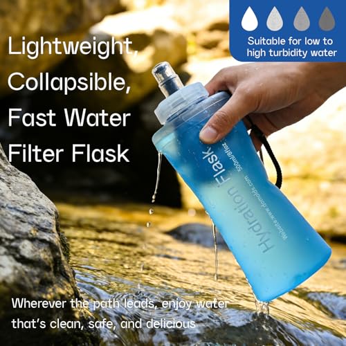 GUYI 500ml Collapsible Water Filter Bottle, Removes Impurities, BPA Free, Ultralight for Hiking, Camping, Cycling & Travel-Blue - color: 500ml, Blue