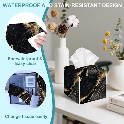 Black Golden Marble Tissue Box Cover Square,Leather Tissue Holder with Bottom Belt,Waterproof Facial Paper Organizer Tissue Box Cover for Home Office Bathroom Vanity Countertop,5.2" x 5.2" x 5.2" - color: Black Golden Marble