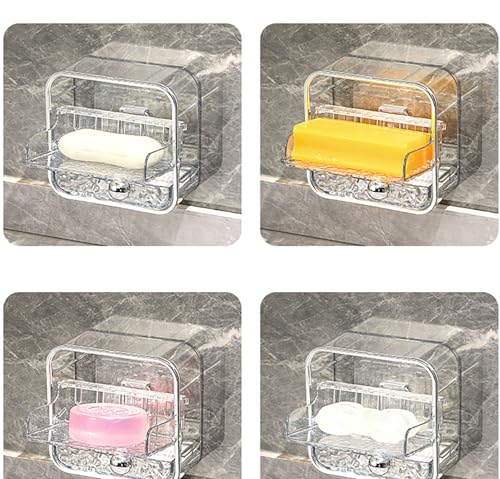 Wall Mounted Soap Box with Cover, 5 in x 4.7 in x 2 in PET and ABS Clear Soap Holder with Switchable Cover and Drain Function for Bathroom (S)