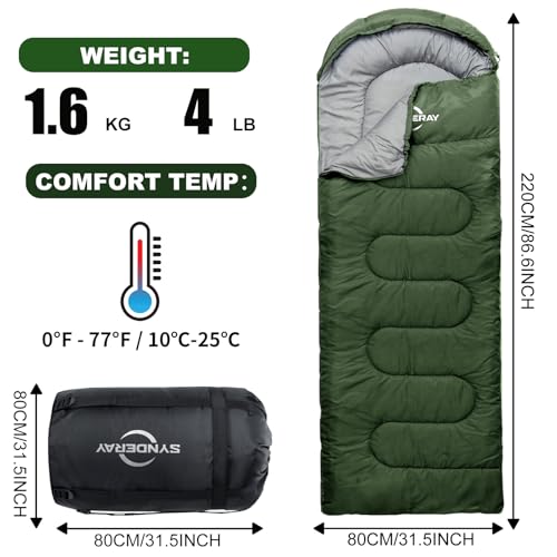Sleeping Bags for Adults Cold Weather & Warm - Backpacking Camping Sleeping Bag Girls Boys - Lightweight Compact with Compression Sack - color: 50-80°F Everyday 3 Season-Green