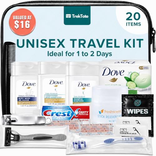 20-Piece Unisex Travel Toiletry Kit – Premium Brand-Name Travel Toiletries | TSA Approved Travel Essentials with Shampoo, Conditioner, Body Wash, Deodorant & Oral Care in Clear Bag - size: 1 Pack