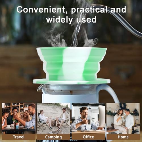 Paperless Travel Camping Pour Over Coffee Maker with Stainless Steel Filter, Collapsible Travel Pour Over Coffee Dripper Kit, Silicone Backpacking Coffee Maker Single Serve Pour Over - color: Greenish White