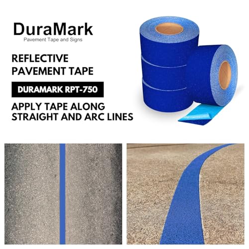 DuraMark RPT-750 Reflective Pavement Marking Tape, Blue, 3 in x 36 ft Roll | Permanent rubber base bonds to asphalt and concrete; glass-bead reflectivity improves low-light visibility. - color: Blue, size: 3 Inch x 36 Ft