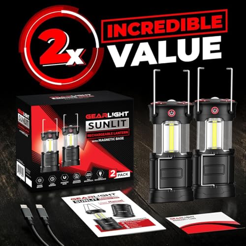 GearLight Rechargeable Camping Lantern - 2 Portable LED Lanterns with Magnetic Base and Foldable Hook for Emergency Use or Campsites, Essential Hurricane Survival Kit - Black - color: Black (Rechargeable)
