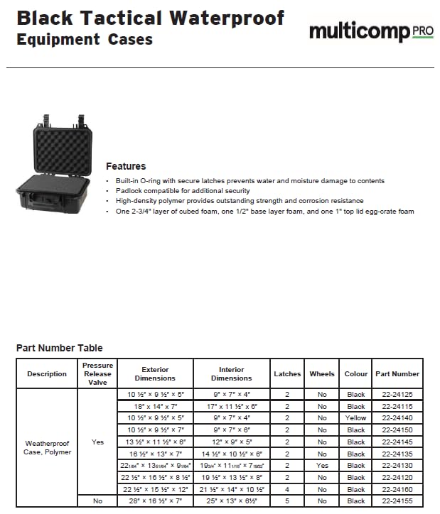 multicomp PRO Large and Medium Size Weatherproof Equipment Cases, made of Polypropylene Plastic, Black with Foam Insert (16.5" X 13" X 7" (L x W x H)) - size: 16.5" X 13" X 7" (L x W x H) (BLACK)