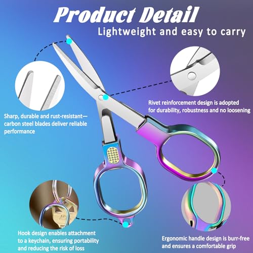 2 PCS Stainless Steel Mini Folding Scissors, Safety Pocket-Sized Multipurpose Scissors with Keychains for Travel, Home, Office, Crafts, Sewing & Nurse Accessories (Colored) - color: Colored