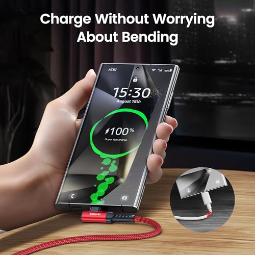toocki USB C Cable Right Angle, 2-Pack 6.6ft USB A to USB C Charger Cable | Red, 90 Degree, Braided, Fast Charging, Carpaly Cord for iPhone17 Series, Samsung Galaxy S25/ S24+/Note 10, LG V30, Switch - color: Red, size: 6.6FT+6.6FT