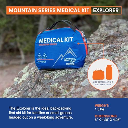 Adventure Medical Kits Mountain Series Medical Kit - Explorer - Emergency Medical First Aid Kit - For 4 People for 7 Days - Comes with a Trauma Pad, Medicine, Guide Book & More