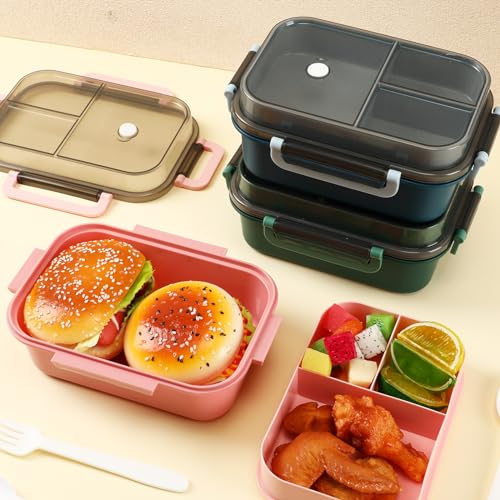 Hushee 3 Pack 42 oz Bento Lunch Box 2 Layers 3 Compartments Bento Plastic Box for Adults, Microwave Dishwasher and Freezer Safe Lunch Snack Containers and Cutlery for Travel, Back to School, Office