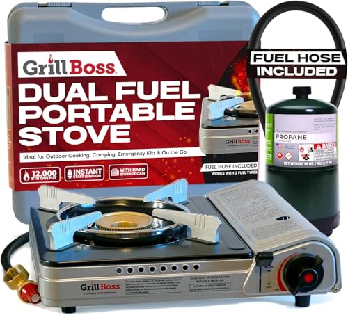 Chef Master Grill Boss Dual Fuel Camping Stove, Butane & Propane, 12000 BTU | Single Burner Gas Cooker, Propane Adapter Included, Works Below Freezing, Double Wind Guard, Piezo Ignition, Hiking, 90057 - color: Stove Only