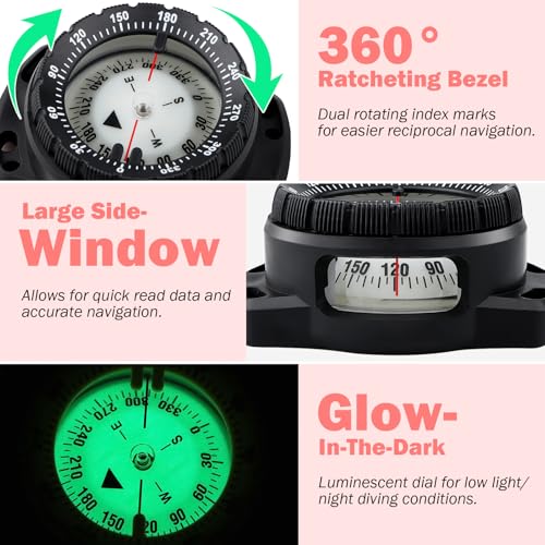 Scuba Dive Waterproof Wrist Compass with Bungee Mount - color: Black