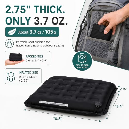 Portable Inflatable Seat Cushion for Air Travel, 2.75-Inch Thick - color: Black