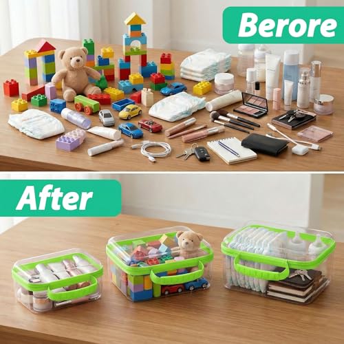 3 Pack Deep Clear Hard Shell Zipper Cases with Handle (Green) | Travel Toiletry Bag, Waterproof 1.2mm PET Hard Plastic Pouches, Organizer Box for Makeup, Toy, Snack, Stationery, Diaper - color: Green Handle(L+M+S)