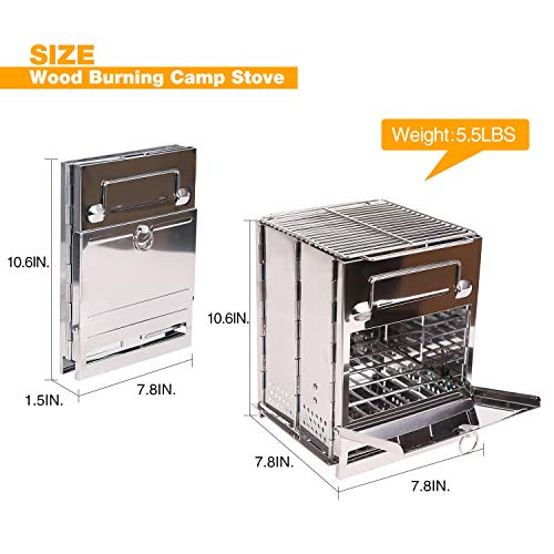 Large Portable Folding Camping Wood Stove for Outdoor Cooking, Sturdy Lightweight 304 Stainless Steel Wood Burning Camp Stove with Grill for Backpacking BBQ Silver - size: Large without Grid and Pot Stand