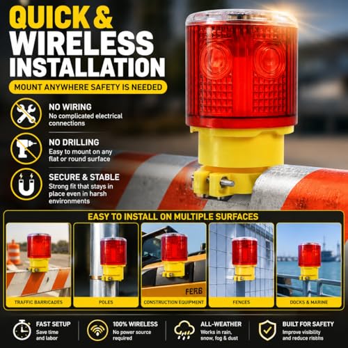 Solar Strobe Warning Light: 360 Degree Super Bright LED Flashing Light Wireless Install Automatically Turn On/Off Waterproof for Construction, Traffic, Dock, Marine, Crane Tower, Factory (Red-6PCS) - color: Red-6PCS