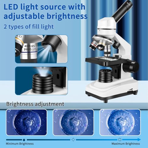 Herwicm Microscope,40X-2000X Microscope with Phone Adapter & Slides Set,Suitable for Students School Lab and Home Education (Monocular Microscope) - color: Black and white