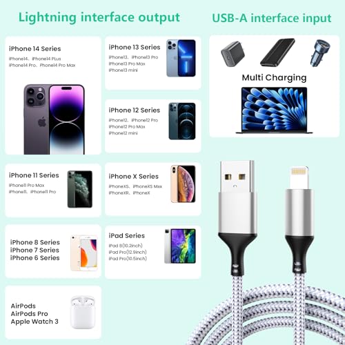 20FT Extra Long USB A to Lightning Charger Cable for iPhone,Apple MFi Certified Charger Cord, 6M Fast Charging Nylon Braided Charge Cord for iPhone 14 Pro Max/14/13Pro/12/11/X/XS/XR/8/7/6/iPad-Gray - color: Silver