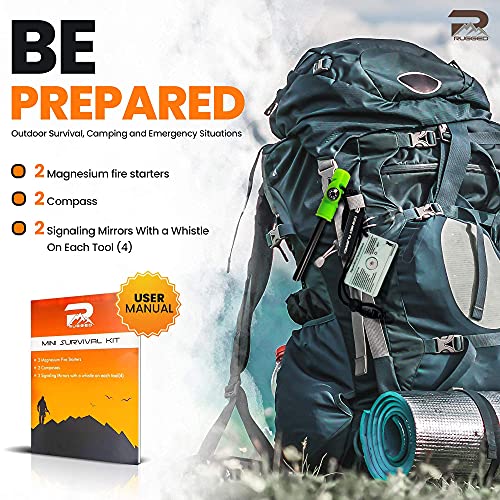 Rainier Rugged 5-in-1 Glow-in-The-Dark Fire Starters Kits with Compass, Signal Mirrors, Whistles -Magnesium Ferro Rods - Compact Portable Hiking, Camping, Trekking,Emergency Survival Rescue
