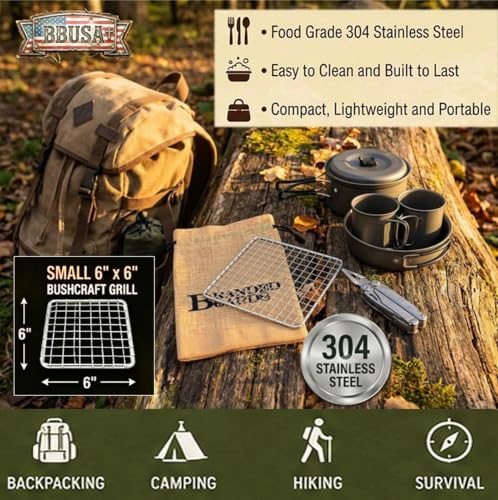 Portable Bushcraft Stainless BBQ Small Cooking Grill Grate & Burlap Hemp Drawstring Bag, Camping, Campfires Backpacking, Hunting & Fishing. (Small Grill & Bag ONLY) - size: Small Grill & Bag