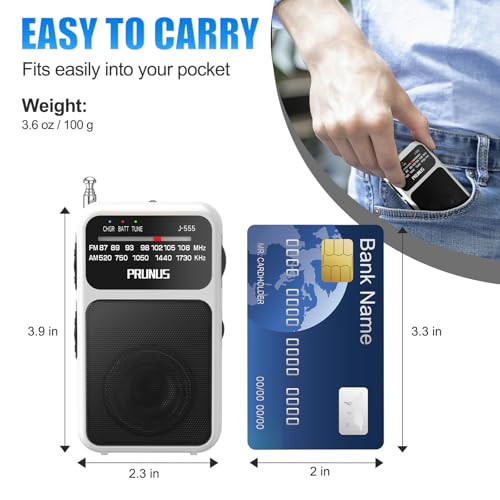 PRUNUS J-555 Pocket Radio AM FM USB-C Charging& Battery Operated, Back Clip - color: White