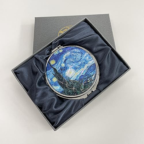 Portable Makeup Compact Double Magnifying Mirror Cosmestic Foldable Pocket Style Unique Mother of Pearl Design (Starry Night) - color: Starry Night