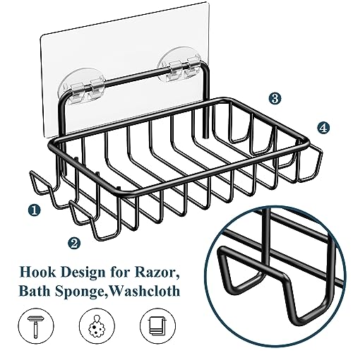Nieifi Soap Dish,Bar Soap Holder for Shower Wall with 4 Hooks Stainless Steel Adhesive Soap Dish for Bathroom Shower Razor Holder (Black) | Stainless steel, 2 pack, razor holder, soap dish for shower, wall mounted, soap caddy, sponge holder, rustproof, bl