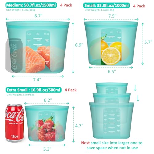 Reusable Food Bags, 12 Pack 100% Silicone Food Storage Bags Stand Up Zip Lock Container, Freezer Microwave Oven Dishwasher Safe, 4 Medium 4 Small 4 Extra Small, Aqua - color: Aqua | M+S+XS | 12 Pack