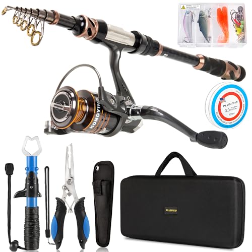 PLUSINNO Fishing Rod and Reel Combos - Carbon Fiber Telescopic Fishing Pole - Spinning Reel 12 +1 Shielded Bearings Stainless Steel BB - color: Full Kit with Fishing Tools, size: 1.8M 5.91FT
