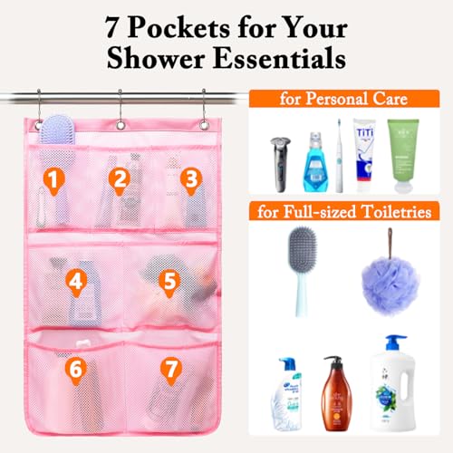 Fammart Mesh Shower Caddy Hanging, Quick-Drying Shower Organizer with 7 Pockets, Portable Bathroom Organizers and Storage for Shampoo, Soap, Loofah, Travel, and Cruise Essentials - color: Hanging Type, 2 Pack - Pink