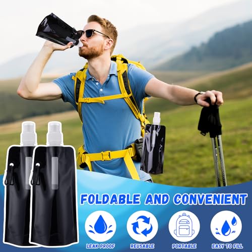 Teenyyou 24 Pack Collapsible Water Bottles Bulk 16oz Foldable Water Bottles with Carabiner Reusable Drinking Leak Proof Container Bags for Sport Biking Hiking Camping Travel Outdoor (Black) - color: Black