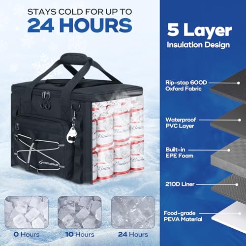 Maelstrom 30/40 Can Soft Cooler Bag, Leakproof Insulated Ice Chest | 24h Cold (With Ice), 5-Layer Insulation, Multi-Pockets ,Lightweight,Perfect For Camping, Beach, Hiking, Kayaking, Road Trips - color: 4.Black with lid, size: 40 Can