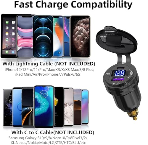 Motorcycle DIN/Hella USB Charger (NOT for Car Cigarette Socket), 36W PD3.0 & 18W QC3.0 Power Adapter with Switch, Voltmeter, Waterproof USB-C & USB-A Plug for BMW Ducati Triumph