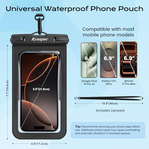 Rynapac Waterproof Phone Pouch - 2 Pack, IPX8 Waterproof Phone Case with Lanyard for iPhone 17 16 15 Pro Max, Cell Phone Dry Bag for Beach Vacation Travel Cruise Essentials, Touch Screen, Up to 8.5" - color: [Black + Orange]