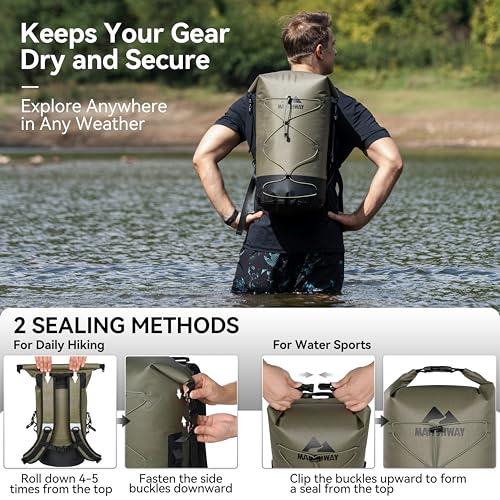 MARCHWAY Floating Roll Top Dry Bag, Flexible Lightweight TPU-coated Nylon Waterproof Backpack 20L/30L/40L with Padded Straps for Boating, Kayaking, Swimming, Hiking, Beach (Green, 20L) - color: Green, size: 20L