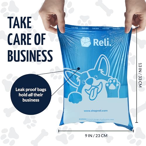 Reli. Biodegradable Dog Poop Bags Rolls (600 Pack, 40 Rolls) | Blue | Leash Clip Holder Included | 9"x13" Poop Bags for Dogs | Unscented, Leak Proof Oxobiodegradable Pet Waste Eco-Friendly