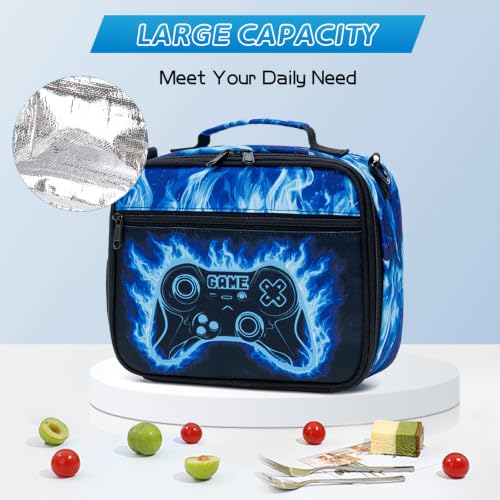 DIGOBAY Insulated Lunch Box for Kids Boys Cool Luminous Gamer Lunch Bag - color: Blue Flame