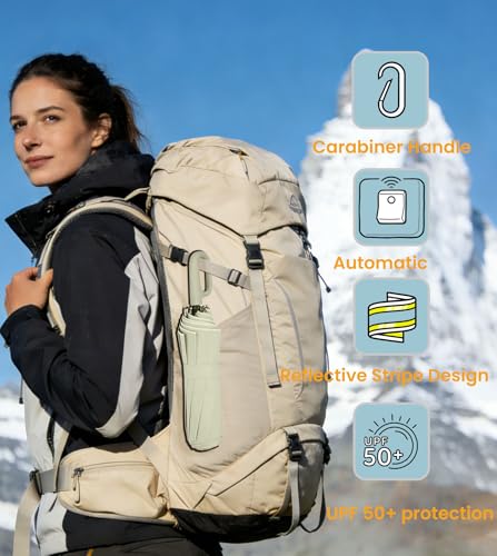 SIEPASA Travel Umbrella with Carabiner Handle - Windproof 10 Ribs Auto Open/Close for Rain & Sun Protection, Compact Portable Clip-on Backpack Design with Safety Reflective Strip. - color: UV-Beige