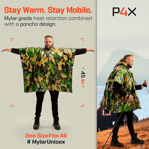 PREPARED4X Emergency Mylar Poncho – Survival Rain Poncho with Hood – Lightweight, Compact, Reusable Emergency Blanket Poncho for Hiking, Camping, Thermal Gear, Car Kit, Outdoors - color: Green Camo 4-pack