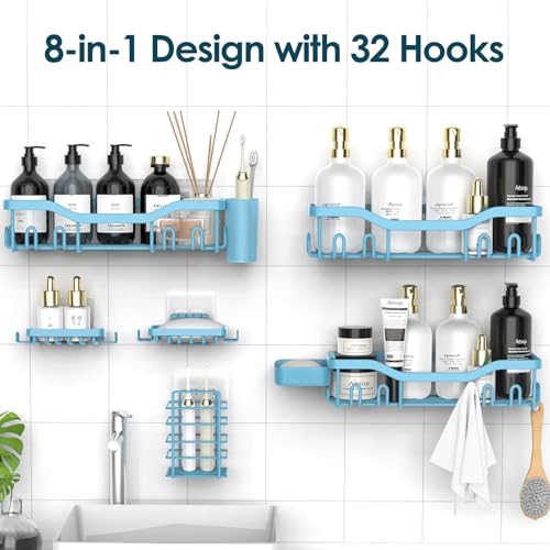 NESOMI Shower Caddy Adhesive Shower Organizer 8-Pack, Rustproof Stainless Steel Bathroom Shelves, Large Capacity No-Drill Rack Storage Accessories with Soap Dish Toothbrush Holder Hooks - color: Blue, size: 8-Piece Set