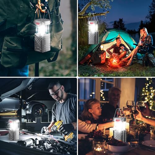 LETMY 4 Pack Camping Lantern, Rechargeable LED Lanterns, Solar Lantern Battery Powered Hurricane Lantern Flashlights with 3 Powered Ways & USB Cable for Emergency, Power Outage, Hurricane Supplies - style: Silvery