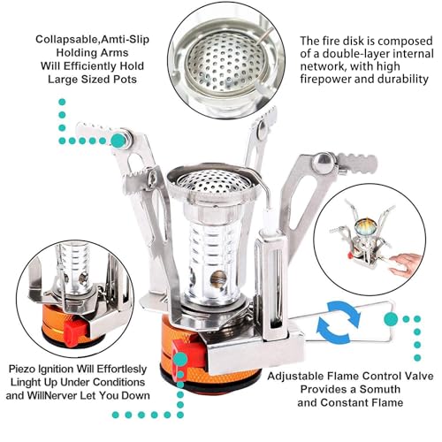 Portable Camping Stove Backpacking Stove, Specialized Hiking Stove Camping Stove with Piezo Ignition Stable Support Wind-Resistance, Camp Stove for Outdoor cooking Camping Hiking Adventure Cooking