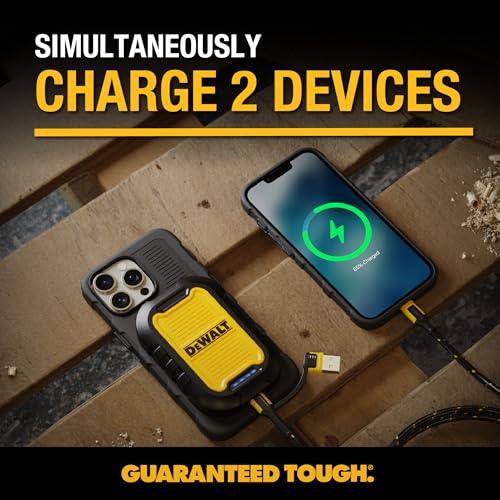 DEWALT Heavy Duty Magnetic Power Bank 5, 000mAh, Rugged, Wireless | Portable Charger 18W Fast Charging Battery Pack, USB-C to C w/USB Adapter Cable 4' Water Resistant Works w/Magsafe iPhone