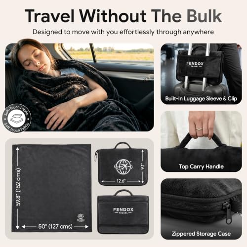 2-in-1 Travel Blanket and Pillow – Lightweight, Compact, Ultra Soft, Machine Washable – Handle, Luggage Sleeve, Backpack Clip – for Travel Airplane, Car, Office (Black) - color: Black