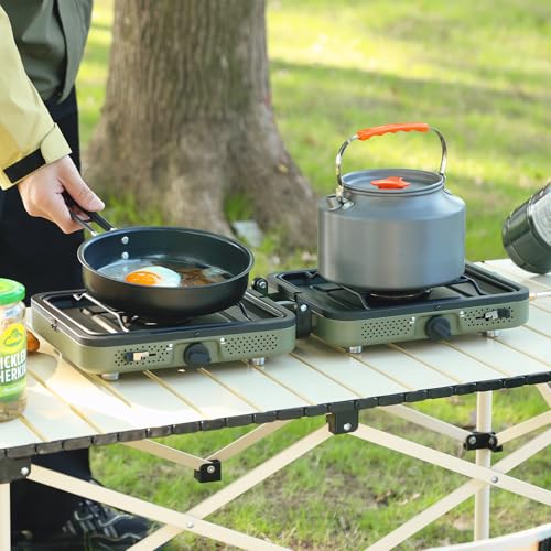 2 Burner Camping Stove 17200 BTU Portable Folding Gas Stove with Adjustable Burners Carry Handle Gas Pipe for Outdoor Camping Tailgating BBQ - color: Green Stove