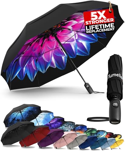 Strongest Windproof Travel Umbrella (Compact, 100MPH Wind-Tested), Light, Portable, One-Handed Use, Automatic Folding Rain Umbrella, Durable, Premium Grip, Fits Car & Backpack - color: 1-pack Purple Dahlia