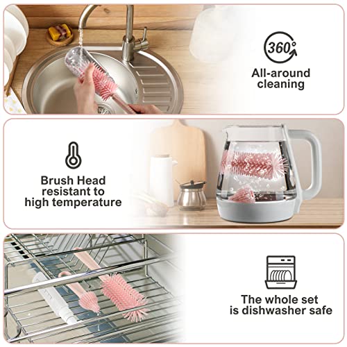 6 in 1 Baby Bottle Cleaner Set with Drying Rack,Silicone Baby Bottle Brush,Straw Brush,Nipple Brush,Soap Dispenser and Storage Box, Portable Baby Essentials for Home&Travel(Pink) - color: Pink