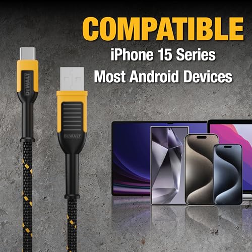 DEWALT Heavy Duty USB C Cable | Premium Braided Nylon USB A to Type C Charger Cable Fast Charging for iPhone 17/16/15 Series, LG V30 (USB 2.0, Black) - size: 4 ft