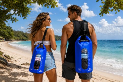 Freegrace Waterproof Dry Bag with Double Zip-Lock, Phone Case & Waist Pouch | 10L Navy Blue, Clear Window, Submersible 500D Drysack, Adjustable Crossbody Strap, Gear For Kayaking, Boating, Beach, Surfing - color: Navy Blue, size: 10L, style: Window