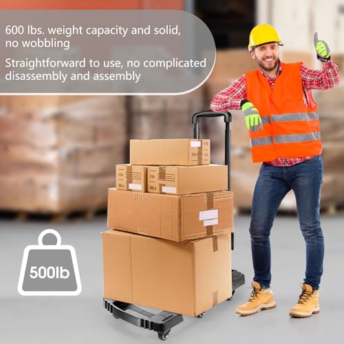 Voipvvii Folding Hand Truck 500lbs, Portable Heavy Duty Dolly Cart, 6 Wheels Collapsible Luggage Cart with 2 Elastic Ropes - Compact Trolley Cart for Easy Moving - Ideal Hand Cart for Travel and More - color: Black